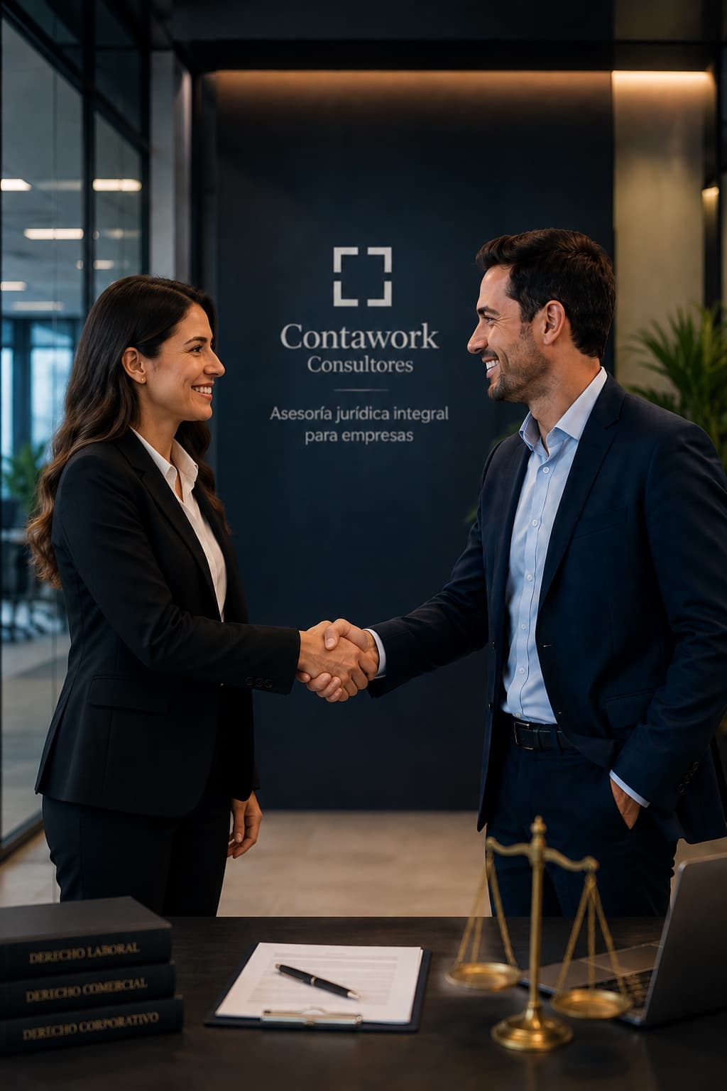 Abogados de Contawork Legal recibiendo a un cliente en la oficina